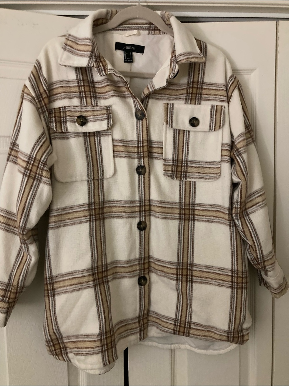 Forever 21 Cream and Brown Plaid Utility Shacket